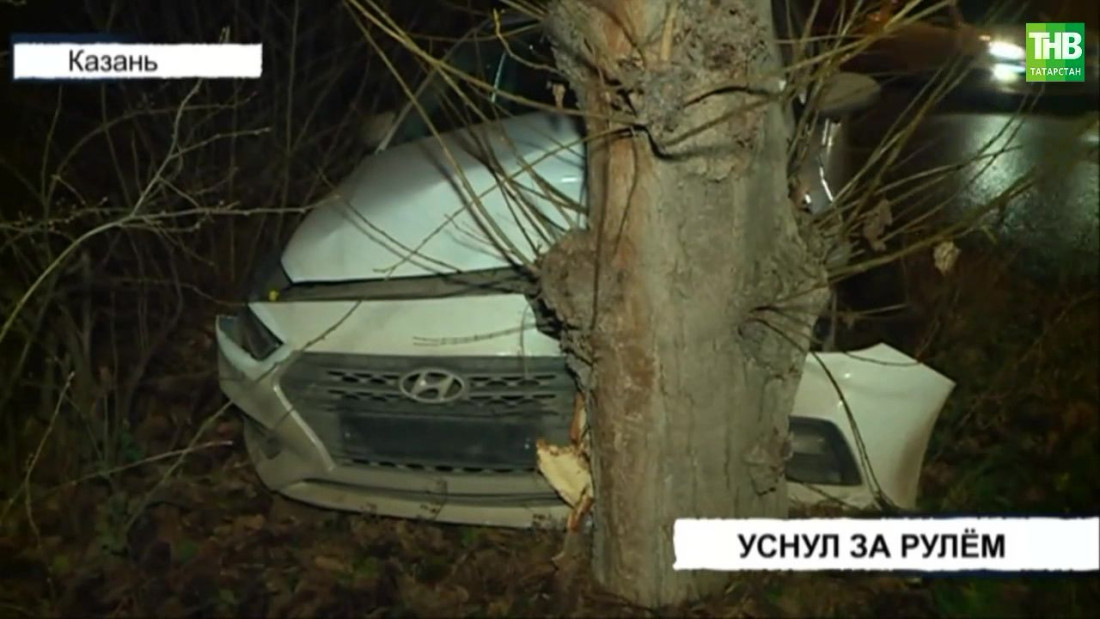В Казани таксист уснул за рулем и врезался в дерево